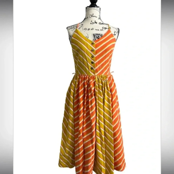 BOHEMIAN DRESS STRIPED ORANGE & YELLOW SLEEVELESS FIT FLAIR MIDI - Picture 1 of 11